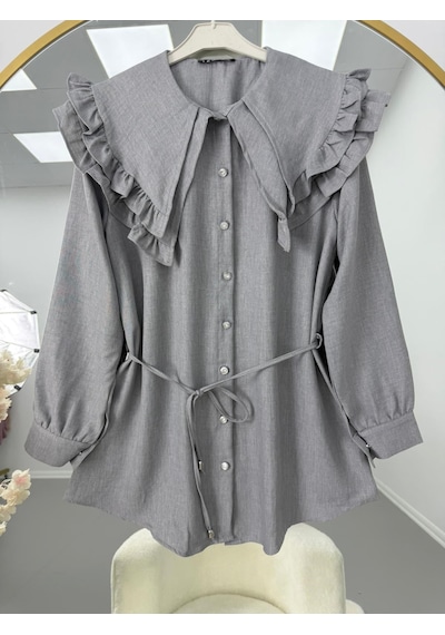 Lovie Moda Fırfır Yaka Bağcıklı Tunik Gri