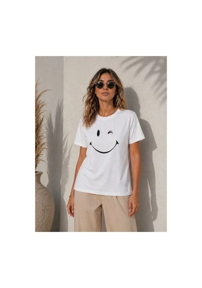 Butik İstanbul Minimal Gülümseyen Yüz Baskılı Tişört Kısa Kol Yazlık T-shirt - Beyaz