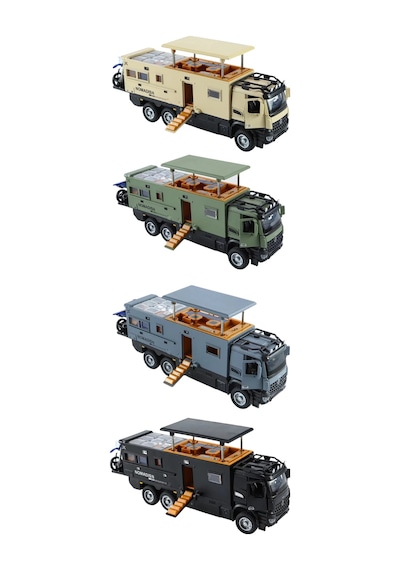 Motosikletli Karavan Kamyon Modeli - 23 Cm Sesli Işıklı, Açılabilir Tavanlı Çek Bırak Metal Kamp Oyuncağı