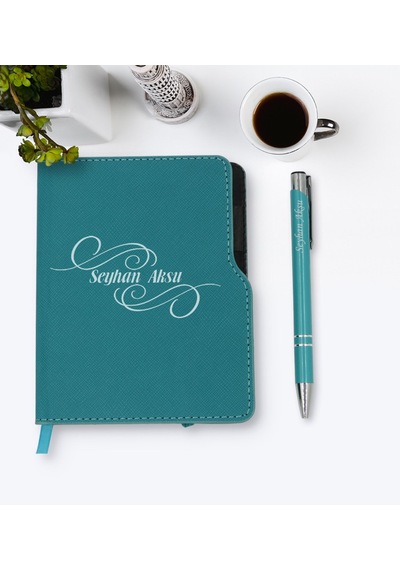Kişiye Özel Isimli Turkuaz Termo Deri Defter Kalem Seti-3