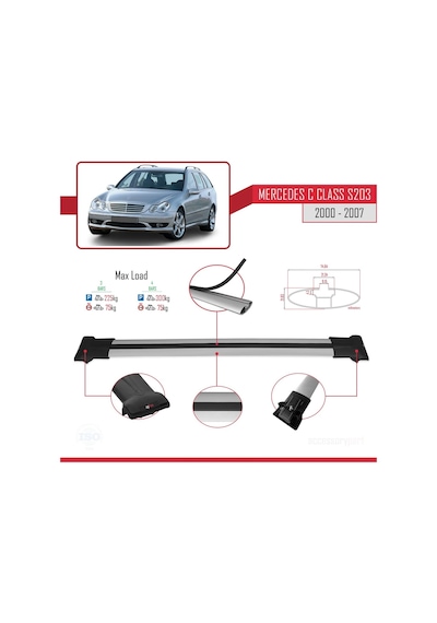 Mercedes C Class S203 2000-2007 Arası İle Uyumlu Fly Model Ara Atkı Tavan Barı Gri 3 Adet Bar