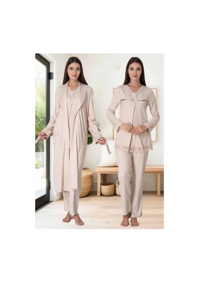 Effortt Dvina Lohusa Hamile Sabahlıklı Ve Dantelli Yakalı Pijama Takımı - 3'lü Set - Bej Bej