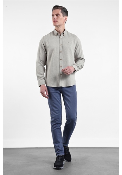 İmza Kahverengi - Beyaz Düğmeli Yaka Uzun Kol Cepsiz Slim Fit Pamuklu Gömlek 1004260164