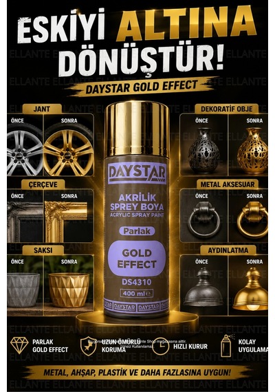 Gold Effect Parlak Altın Akrilik Sprey Boya 400 Ml Metal, Ahşap, Plastik Ve Seramik Uyumlu Çok Renkli