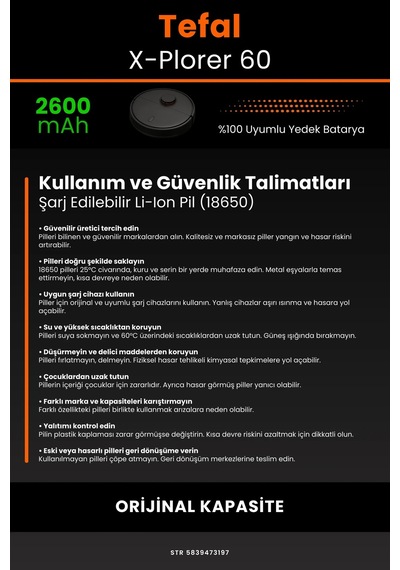 Tefal X-Plorer Serie 60 2600mAh Robot Süpürge Bataryası