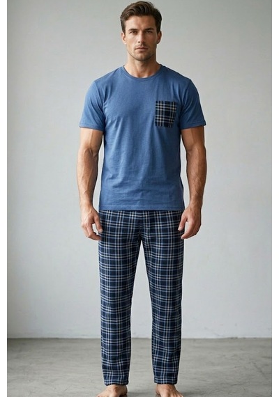 Siyah İnci Cep Nakışlı Örme Kısa Kollu Pijama Takım 8000 İndigo