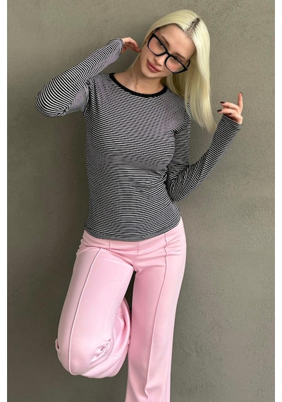 Siyah Çizgili Uzun Kollu Kadın Body Mg2657 Siyah