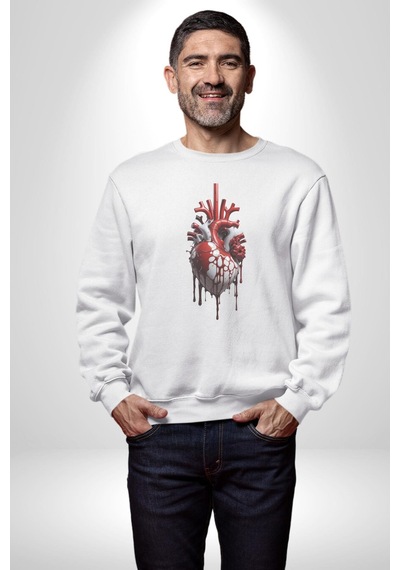 Kırmızı Beyaz Kalp Toplar Damar Unisex Beyaz Baskılı Sweatshirt Beyaz