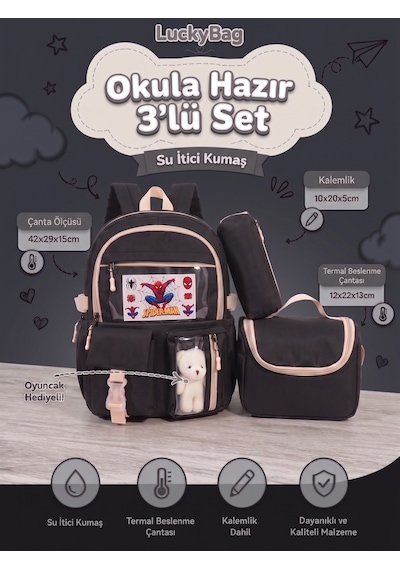 Kore Kawaii Tarzı Erkek Kız Okul Çantası Aksesuarlı Kız Çocuk Ve Erkek Çocuk Sırt Çantası 3'lü Set Siyah