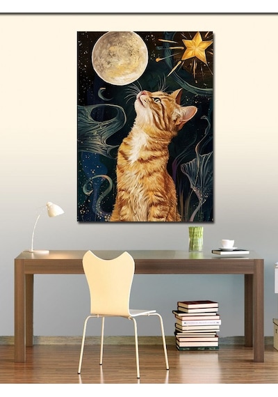Kanvas Tablo Dolunay Ve Sarı Kedi 100cmx140cm