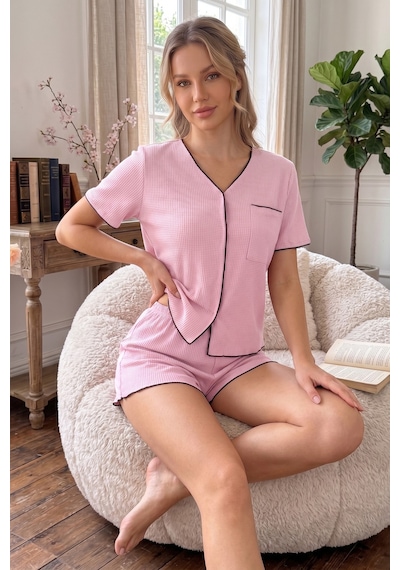 Bella Notte Pembe Kısa Kollu V Yaka Biye Detaylı Pijama Takımı Toz Pembe