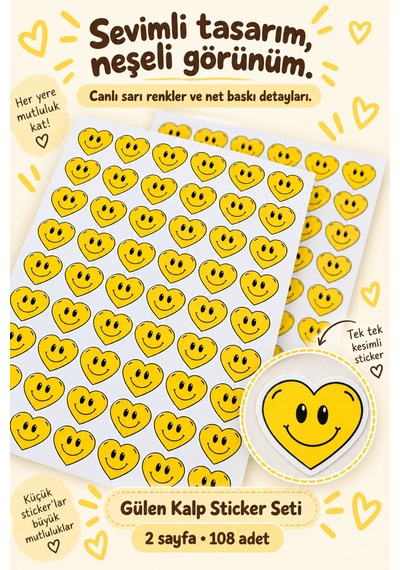 Gülen Kalp Sticker Seti 108 Adet 2 Sayfa Sarı Gülücük Kalp Sticker Defter, Laptop, Hediye Süsleme Etiketi Çok Renkli