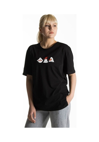 Hayalet T-shirt - Siyah Baskılı Oversize Bisiklet Yaka Kısa Kol Tişört Siyah