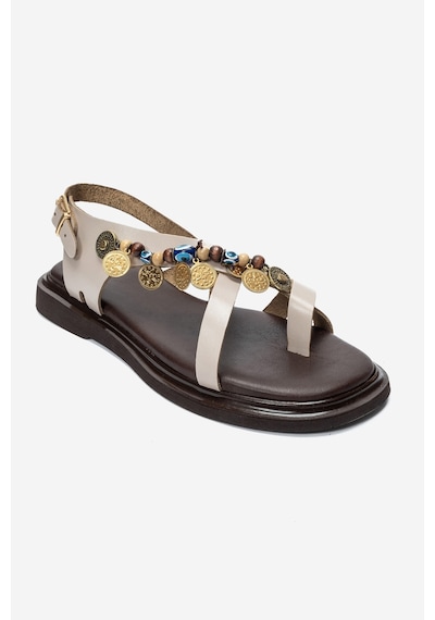 Luvi Shoes Hush Krem Hakiki Deri Boncuklu Kadın Parmak Arası Sandalet