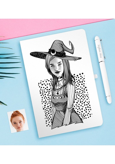 Kişiye Özel Bayan Cadı Karikatürlü Beyaz Defter Ve Kalem Hediye S