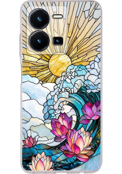 Printify Vivo Y22s İle Uyumlu Vitray Okyanus Sabahı Tasarımlı Şeffaf Silikon Kılıf Şeffaf