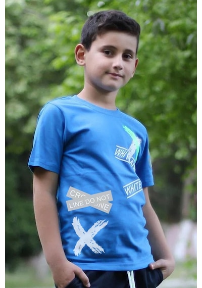 Fyk Kids Yuvarlak Yaka Baskılı Sıfır Yaka T-shirt Mavi