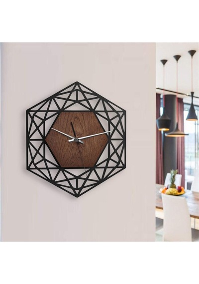 Ahşap Geometrik Desenli Altıgen Model Duvar Saati