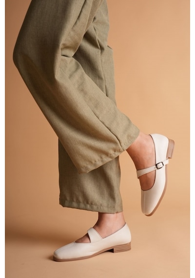 Analin Shoes Kadın Hakiki Deri Toka Detaylı Babet Krem