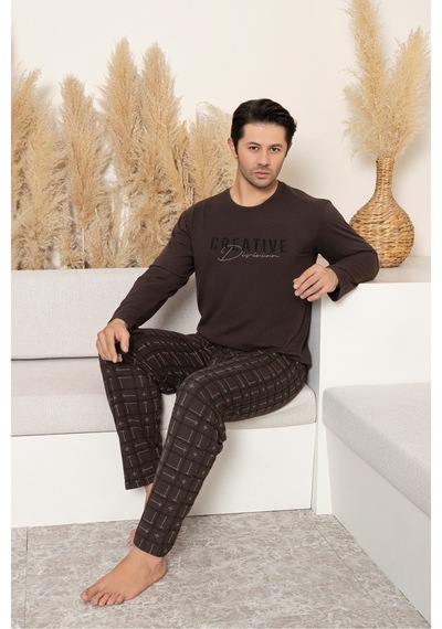 Sude Homewear Erkek Uzun Kol Pijama Takımı Kahverengi