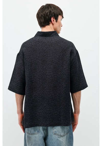 Vamos Oversize Desenli Kısa Kollu Gömlek Siyah