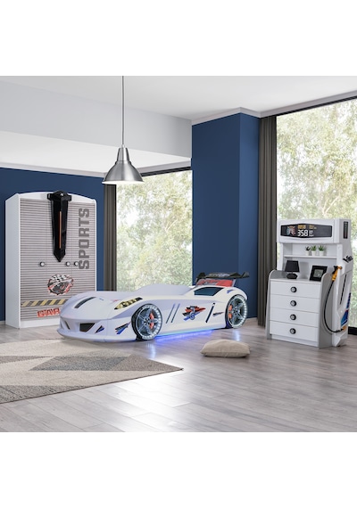 Setaymobilya Sports Çocuk Odası - Jaguar Arabalı Yatak Dolap Şifonyer - Beyaz