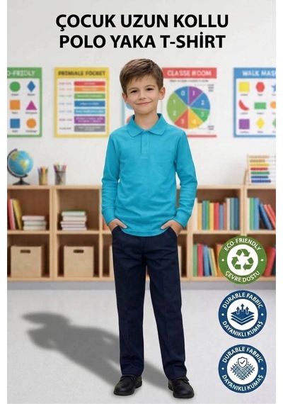 Erdem Kıds Unisex Kız Erkek Çocuk Polo Yaka Pamuklu Uzun Kol Turkuaz Günlük Basic Okul Tişört Turkuaz Mavi Turkuaz Mavi