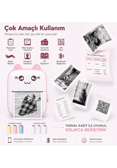 Netum Pembe Mini Yazıcı Mini Taşınabilir Termal Yazıcı Kablosuz Bağlantı 3 Renkli 3beyaz Kağıt