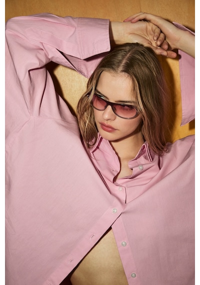 Grımelange Lumore Kadın Oversize Fit %100 Organik Pamuklu Pembe Gömlek