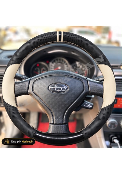 Subaru Impreza Dikme Direksiyon Kılıfı Delikli Deri Parlak Siyah Bej Detay Çift Yüzük Ve Dikiş Gd-gg Bugeye-blobeye Tuşsuz 2000-2005
