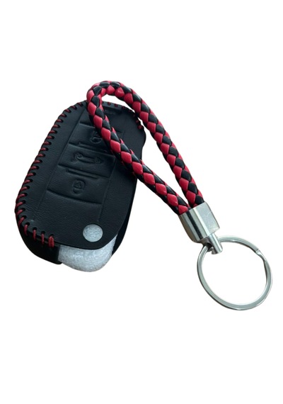 Autohan Keys Peugeot Anahtar Kılıfı İçin Uyumlu, Siyah Deri, Kırmızı Örgülü, 3 Butonlu, Sustaıı Tasarım, 301 307 308 208 508 2008 3008 Partner Van Modelleri