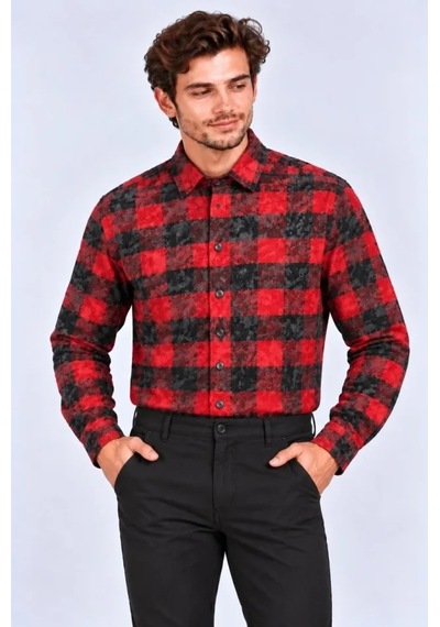 Suma Erkek Ekose Kareli Batik Yıkamalı Şardonlu Uzun Kollu Regular Fit Oduncu Gömlek - Kırmızı Suma Erkek Ekose Kareli Batik Yıkamalı Şardonlu Uzun Kollu Regular Fit Oduncu Gömlek - Kırmızı