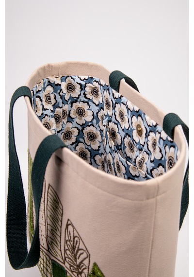 Fabric Craft Bag Omuz Çantası Duck Kumaş Patchwork Sashiko El İşlemeli Astarlı Telalı Günlük Çanta 44x34 Cm Acı Kahverengi - Bej