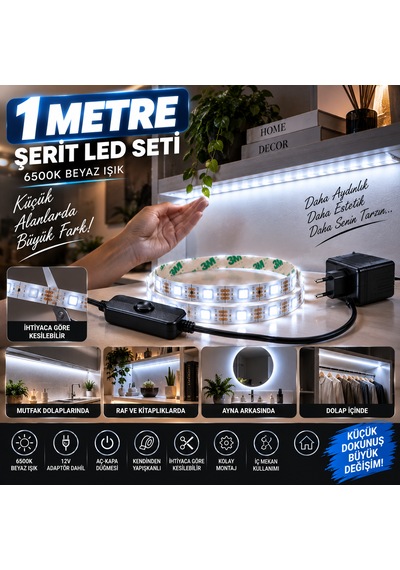 Mutfak Dolap Ayna Aydınlatma 1 Metre Beyaz Aç Kapat Düğmeli Şerit Led Seti 12v Adaptörlü Aç Kapa Düğmeli Kendinden 1m
