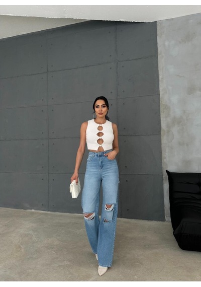 Zeo Basic Denim Wide-leg Pantolon Ön-arka Lazerli Orta Mavi Orta Mavi