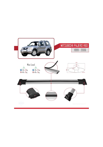 Mitsubishi Pajero V60 3 Kapı 1999-2006 Arası İle Uyumlu Fly Model Ara Atkı Tavan Barı Gri