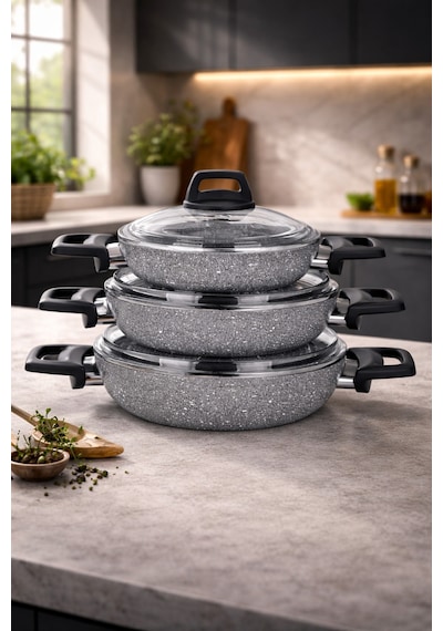 Stone 6 Parça Granit Ezme Cam Kapaklı Sahan Omlet  Seti Gri 18/20/22 Cm Yapışmaz