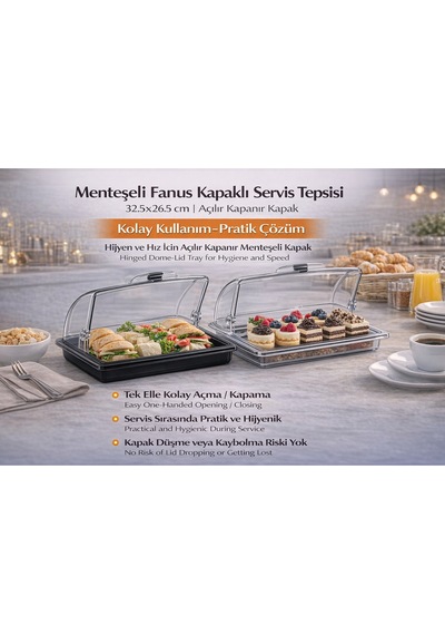 Polikarbon Gn 1/2 Menteşeli Fanus Kapaklı Servis Tepsisi 32.5x26.5 Cm Açılır Kapanır Kapak Şeffaf