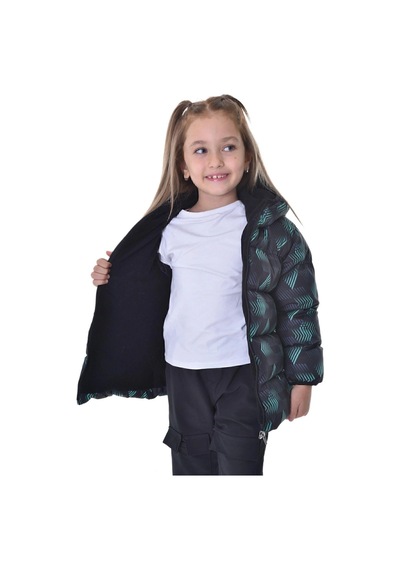 Spor Kız Çocukdijital Desen Polar Su Ve Rüzgar Geçirmez Kapüşonlu Şişme Mont-124 Siyah - Yeşil