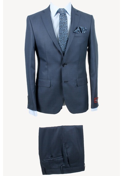 Erkek Lacivert Kareli Slim Fit Ekose Takım Elbise