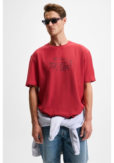 Grımelange BONDIA Erkek Baskı Detaylı %100 Organik Pamuk Oversize Fit Bisiklet Yakalı Kısa Kollu Bordo T-Shirt