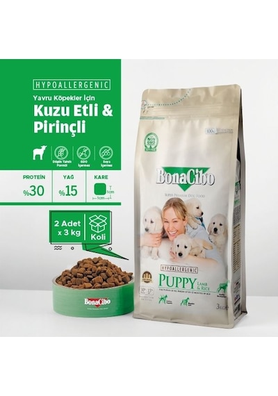 BonaCibo Puppy Lamb Kuzu Etli ve Pirinçli Yavru Köpek Maması 2 x 3 KG