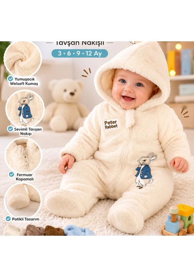 Candar Rabbit Tavşan Nakışlı Tüylü Erkek Bebek Tulumu Fermuarlı, Patikli 3-6-9-12 Ay Mavi