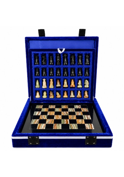 El Yapımı Siyah & Yeşil Oniks Doğal Taş Satranç Takımı 20x20 Cm 8 İnç Dekoratif Mermer Satranç Seti Hediyelik Premium Satranç