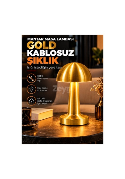 Gold Mantar Masa Lambası Şarjlı Kablosuz Dokunmatik 3 Renk Led Dekoratif Abajur Sarı