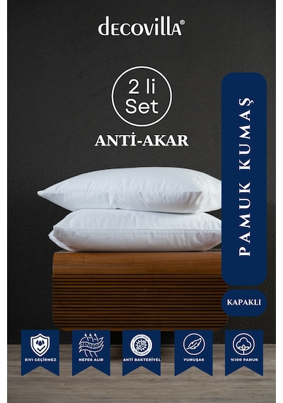 2 Li Anti-akar Pamuklu Flaplı Kapaklı Sıvı Geçirmez Yastık Alezi Beyaz