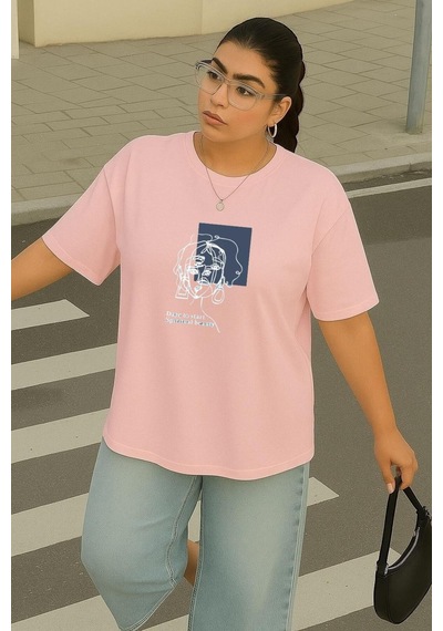Büyük Beden Çizgili Kadın Figürü Baskılı Unisex Tişört Pembe