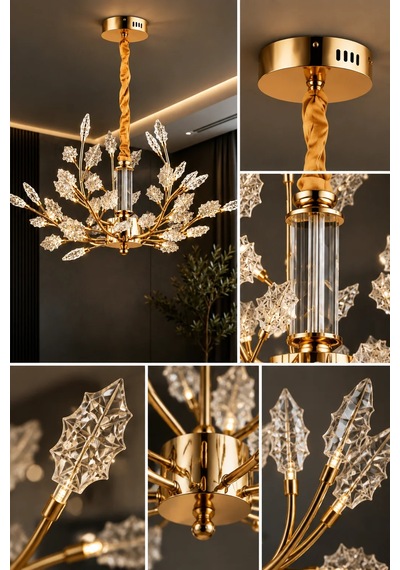 Modern Premium Yaprak Detaylı Gold Led Avize Salon Yemek Odası Dekoratif Sarkıt Avize 28w