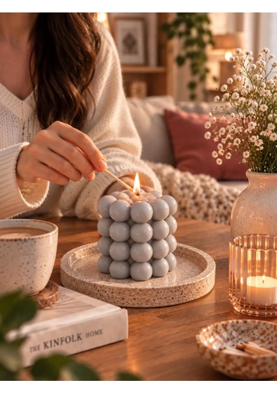 Mumelia Bubble Küre - Doğal Soya Blok Dekoratif Mum - Krem
