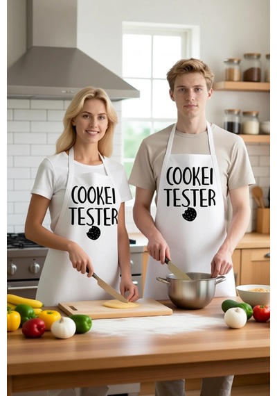 Unisex Aşçı Önlüğü Kurabiye Tester Baskılı Mutfak Giyimi Rahat Ke Beyaz